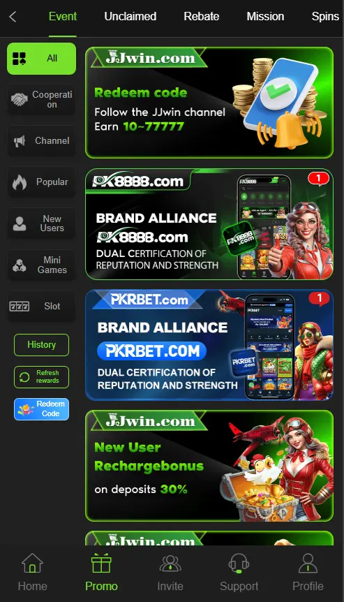 JJwin Game promotional lobby showing the 30 percent new user recharge bonus, redeem code alerts, and official brand alliance banners.