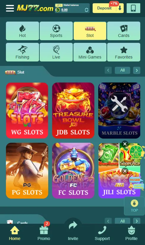 MJ77 slot selection screen displaying WG, JDB, Marble, PG, FC, and JILI slot providers