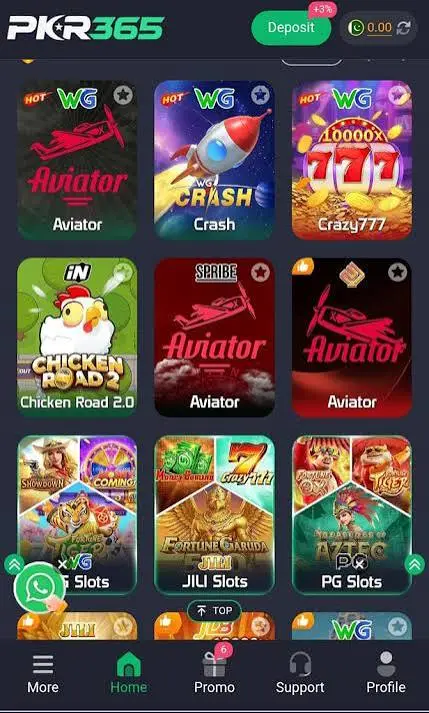 In-game gallery of PKR365 showing real money gaming options like Aviator, Crazy777, and JILI Slots with the live JazzCash deposit button visible.
