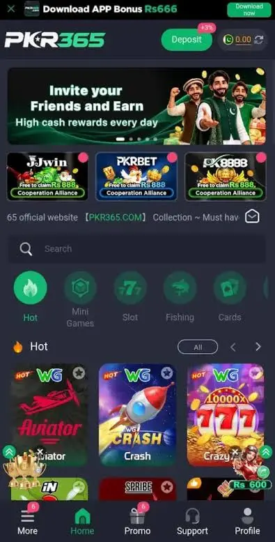 PKR365 Game category hub showing navigation options for Hot, Mini Games, Slot, Fishing, and Cards alongside a referral bonus banner.