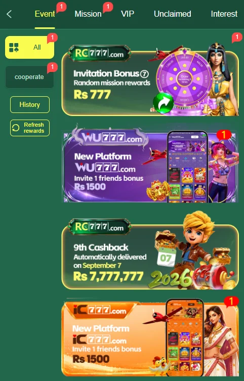 RC777 game event center showing invitation wheel and cashback banners