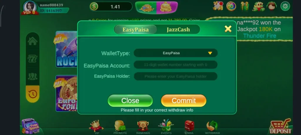 Deposit interface in 3 Patti Gold showing EasyPaisa and JazzCash payment options with 11-digit TRX ID verification.