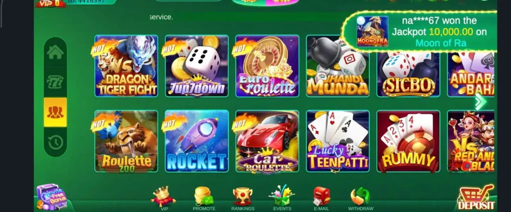 The central game hub of 3 Patti Gold showing quick tap icons for Rocket 3 Patti, P2P Point Rummy, and Dragon Tiger Fight on an Android interface.