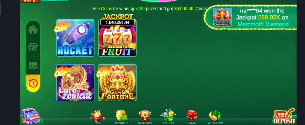 The mini-games screen in the 3 Patti application displaying responsive grid buttons for Slots 777, Fortune Gems, and Euro Roulette.