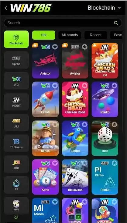 The game lobby of the hot games inside the win786 game apk