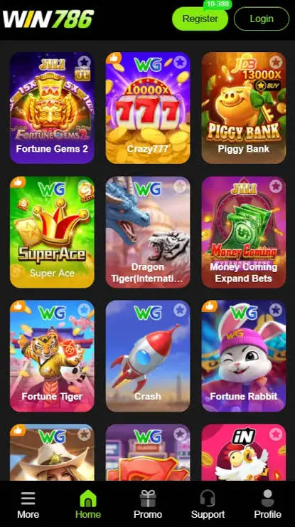 Win786 game lobby showing Color Prediction, Teen Patti, Fortune gem and Aviator categories