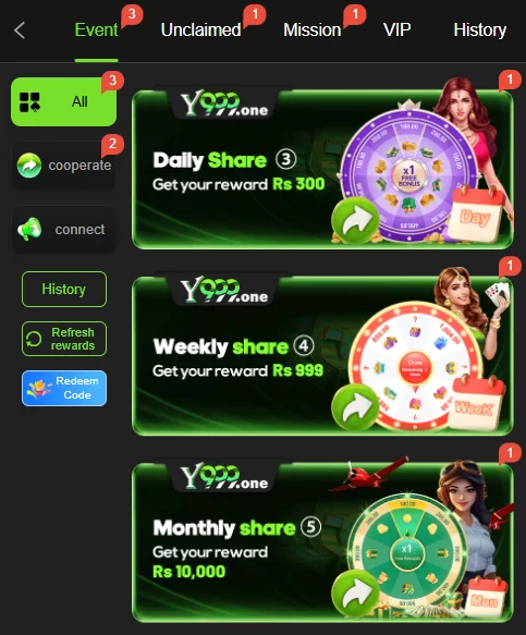 Y999 game events hub showing daily, weekly, and monthly share reward wheels