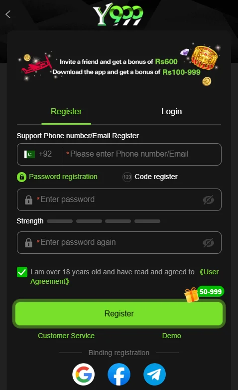 Y999 game new account registration window with phone and password fields