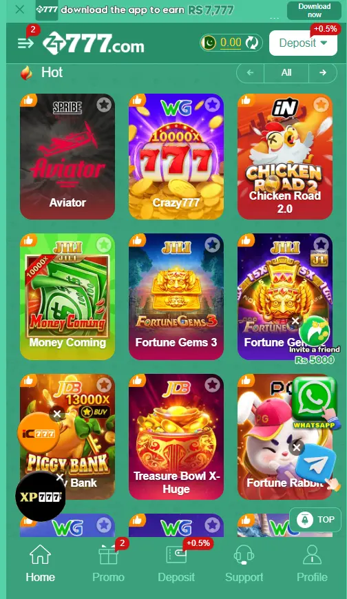 The ZT777 Game modules hub displaying popular titles like Spribe Aviator, Crazy777, and Chicken Road 2.0 for Android users.