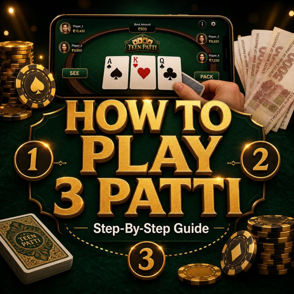 How to play 3 Patti step-by-step — Teen Patti game table on smartphone with A-K-Q cards, chips and PKR notes, Verified APKs.