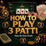 How to play 3 Patti step-by-step — Teen Patti game table on smartphone with A-K-Q cards, chips and PKR notes, Verified APKs.