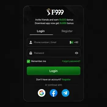 P999 game login and registration form on mobile showing phone number and SMS verification fields