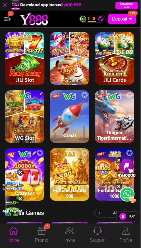 Y888 Game interactive games hub showcasing JILI slots like Crazy777, PG Soft reels, WG Crash, and Dragon Tiger card tables.