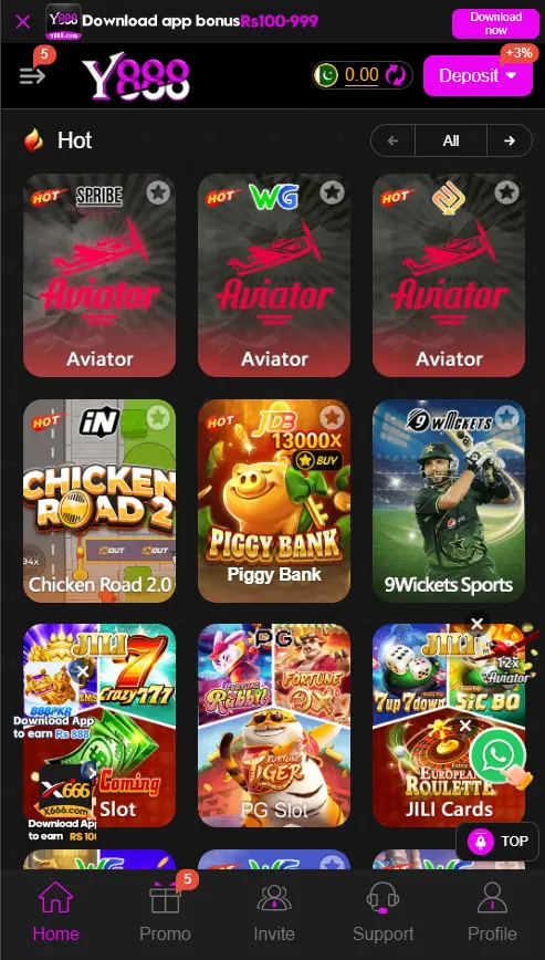 Y888 Game hot titles gallery displaying Spribe Aviator, Chicken Road 2.0, Piggy Bank, and 9Wickets sports modules.