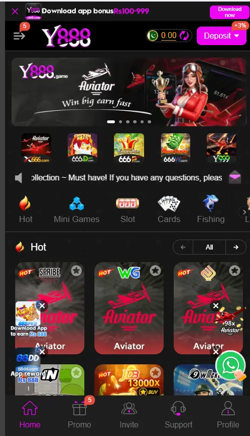 Y888 Game home screen dashboard showing the Spribe Aviator promotion banner, top navigation menu, and gaming category tabs for Android APK users.