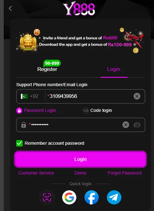 Y888 Game secure login screen displaying the Pakistani phone number input and quick social login options.