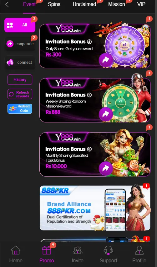 Y888 Game promotions and event rewards page displaying invitation bonuses up to Rs 10,000 and the official 888PKR brand alliance.