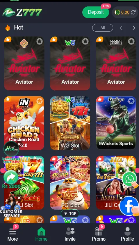 Z777 Game interactive hub displaying popular titles like Spribe Aviator, WG Slot, Chicken Road 2.0, and 9Wickets Sports integration.
