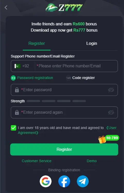 Z777 Game secure registration screen requiring a Pakistani phone number and displaying the Rs 600 invite friend bonus.