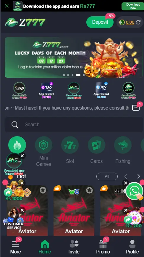 Z777 Game home dashboard displaying the Rs 777 app download bonus, the Lucky Days promotional banner, and quick-access categories.