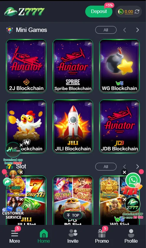 Z777 Game Mini Games section highlighting distinct blockchain versions of Aviator and interactive titles from WG and JILI.